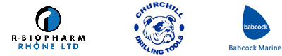 R-Biopharm Rhone, Churchill Drilling Tools, and Babcock Marine logos